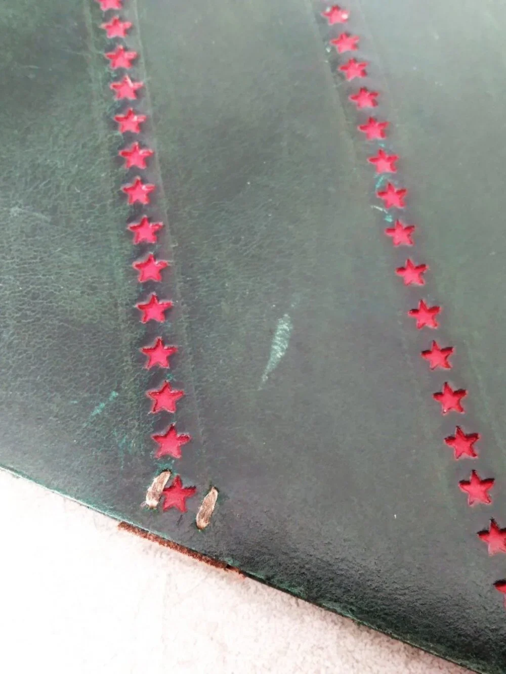 Vintage Leather Book Cover NAGY NORA Green Red Stars Handmade - Picture 8 of 16